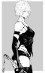  1girl a2_(nier:automata) absurdres android bare_shoulders breasts commentary elbow_gloves from_side gloves grey_background greyscale highres holding holding_sword holding_weapon joints lips looking_at_viewer medium_breasts monochrome nier:automata nier_(series) nishiii26miii robot_joints short_hair short_shorts shorts sleeveless sword thighs weapon 