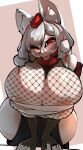 absurd_res animal_humanoid areola areola_slip big_areola big_breasts blush breasts canid canid_humanoid canine canine_humanoid chest_wraps clothed clothing crr001 eyewear female fishnet glasses hair hat headgear headwear hi_res hip_vent huge_breasts humanoid mammal mammal_humanoid momiji_inubashiri one_eye_closed red_eyes round_glasses skimpy solo tokin_hat tongue tongue_out touhou white_hair wink wolf_humanoid wraps