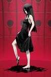  barefoot black_hair dress full_body long_hair original red red_background simple_background solo standing strap_slip usatarou 