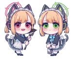  2girls :&lt; animal_ear_headphones animal_ears apron asymmetrical_bangs back_bow black_dress black_footwear blue_archive blue_bow blue_bowtie bow bowtie broom bucket cat_ears cat_tail chibi collared_shirt dress fake_animal_ears fake_tail frilled_apron frilled_dress frills green_eyes green_halo hair_bow halo headphones holding holding_broom holding_bucket kaming3698 light_blush loafers long_sleeves looking_at_viewer maid maid_apron maid_headdress mary_janes medium_hair midori_(blue_archive) midori_(maid)_(blue_archive) momoi_(blue_archive) momoi_(maid)_(blue_archive) multiple_girls official_alternate_costume open_mouth orange_hair pantyhose red_bow red_eyes red_halo shirt shoes short_ponytail siblings sidelocks simple_background sleeve_cuffs tail twins v-shaped_eyebrows white_background white_bow white_pantyhose 