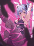  absurdres animal_ears armpits arms_up black_leotard blue_eyes blue_hair blurry blurry_foreground blush bound breasts clothing_cutout cutout_above_navel eyelashes fishnet_pantyhose fishnets hatsune_miku heart heart-shaped_pupils heart_cutout highres large_breasts leotard medium_hair nagi-negitoro necktie pantyhose pink_background pink_necktie playboy_bunny pole rabbit_ears rabbit_hole_(vocaloid) restrained ribbon spaghetti_strap stripper_pole symbol-shaped_pupils teardrop tied_up_(nonsexual) twintails 