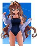  aisaka_taiga ayanashi_kunio bad_id bad_pixiv_id brown_eyes brown_hair long_hair no_pants one-piece_swimsuit open_clothes open_shirt school_swimsuit shirt solo swimsuit swimsuit_under_clothes toradora! very_long_hair wet 