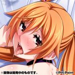  1girl bed_sheet brown_eyes copyright_name eyelashes looking_back lowres open_mouth orange_hair portrait saliva shindou_hikari solo soukou_senki_prism_raker soukou_senki_prism_shine sweat tongue tongue_out twintails 