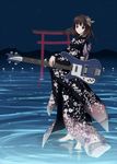  bass_guitar black_hair flower hair_flower hair_ornament instrument japanese_clothes kimono nagareboshi original rickenbacker solo torii wading water 