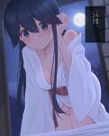  1girl alternate_costume azuki-iro blue_eyes breasts hair_down highres houshou_(kancolle) japanese_clothes jewelry kantai_collection kimono looking_at_viewer medium_breasts moon night ring shouji sliding_doors smile solo translation_request wedding_ring yukata 