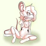 anthro audrey_tideturner book breasts chewing_pencil clothing coat female footwear fours_(artist) hi_res mammal monochrome mostly_nude murid murine nipples panties pencil rat rodent short_stack socks solo topwear underwear