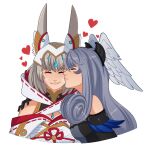 2girls :3 animal_ear_fluff black_gloves closed_eyes closed_mouth commentary cropped_torso deebyfeeby fangs gloves grey_hair head_wings heart highres long_hair medium_hair melia_antiqua multiple_girls nia_(xenoblade) simple_background smile symbol-only_commentary upper_body white_background wings xenoblade_chronicles_(series) xenoblade_chronicles_3 yuri 