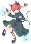  1girl :d absurdres animal_ear_fluff animal_ears black_footwear black_tail blush bow braid bright_pupils cat_ears cat_girl cat_tail dress frilled_dress frilled_sleeves frills full_body ghost green_dress hair_bow hands_up high_meron highres kaenbyou_rin long_hair long_sleeves looking_at_viewer making-of_available multiple_tails open_mouth paw_pose red_bow red_eyes red_hair shoes simple_background skull smile solo tail touhou twin_braids two_tails white_background white_pupils 