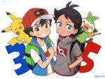  2boys ash_ketchum black_hair blue_eyes blue_vest blush_stickers brown_eyes closed_mouth commentary_request dated goh_(pokemon) grey_shirt grin grookey hand_in_pocket hat highres male_focus multiple_boys pikachu pokemon pokemon_(anime) pokemon_(creature) pokemon_journeys pokesumomo red_headwear shirt short_hair short_sleeves smile t-shirt teeth vest white_background white_shirt 