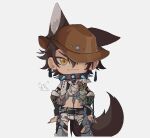 ambiguous_gender animal_humanoid bottomwear canid canid_humanoid canine canine_humanoid chain chain_leash chaps chibi clothing collar cowboy cowboy_hat fangs hat headgear headwear hi_res hotpants humanoid inner_ear_fluff karu_(nu:_carnival) kinnencarnivaru leash leashed_collar mammal mammal_humanoid nu:_carnival one_eye_obstructed prick_ears shorts smile solo spiked_collar spikes tail teeth topwear tuft vest wolf_humanoid yellow_eyes