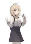  1girl ;) ahoge akamatsu_kaede alternate_costume black_nails black_skirt blonde_hair breasts cowboy_shot danganronpa_(series) danganronpa_v3:_killing_harmony fu_ga_(vivi912912) grey_shirt hair_ornament highres holding jewelry long_hair long_sleeves medium_breasts musical_note musical_note_hair_ornament one_eye_closed pink_eyes ring shirt shirt_tucked_in simple_background skirt smile solo v 