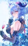  1girl absurdres alcohol back bare_shoulders black_sleeves blue_background blue_dress blue_gloves blue_hair breasts cup detached_sleeves dress drinking_glass from_side ganyu_(genshin_impact) ganyu_(twilight_blossom)_(genshin_impact) genshin_impact gloves goat_horns gz_(gyoju) hair_between_eyes hair_bun hair_ornament highres horns medium_breasts official_alternate_hairstyle parted_lips playing_with_own_hair purple_eyes sideboob sideless_dress sidelocks solo upper_body wine wine_glass 