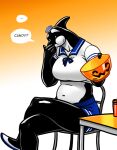 anthro big_breasts big_butt breasts butt cetacean chair dc_comics dolphin female furniture halloween holidays mammal marine navel oceanic_dolphin orca orca_(dc) pumpkin_basket sitting solo table thick_thighs toothed_whale transient001 wide_hips
