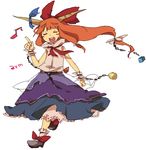  :d ^_^ ^o^ azuma_seiji blue_skirt bow breasts chain closed_eyes cuffs full_body hair_bow happy horns ibuki_suika kerchief layered_skirt musical_note oni open_mouth orange_hair running shackles shoes simple_background skirt small_breasts smile solo touhou white_background 