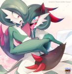  animal_ears blue_eyes bob_cut claws colored_skin dress fangs gardevoir green_hair hair_over_one_eye highres multicolored_skin open_mouth pink_eyes pokemon pokemon_(creature) pokemon_unite suahh tongue tongue_out transformation transformed_zoroark two-tone_skin white_dress white_skin zoroark 