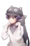  1boy alternate_costume animal_ears baseball_cap black_headwear blue_eyes blunt_ends cat_ears cat_tail closed_mouth english_commentary eyeshadow fake_animal_ears genshin_impact hair_between_eyes hands_up hat hat_with_ears highres holding holding_stuffed_toy katthhrine long_sleeves looking_to_the_side makeup male_focus puffy_long_sleeves puffy_sleeves purple_hair purple_sweater red_eyeshadow scaramouche_(cat)_(genshin_impact) scaramouche_(genshin_impact) shirt short_hair simple_background solo standing stuffed_animal stuffed_toy sweater tail turtleneck turtleneck_sweater white_background white_shirt 