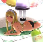  ass back barefoot bikini bikini_bottom blonde_hair dimples_of_venus hime_(kaibutsu_oujo) kaibutsu_oujo long_hair lotion lowleg lowleg_bikini lying multiple_girls on_stomach pantyhose pov red_eyes side-tie_bikini solo_focus swimsuit tiara topless ueyama_michirou umbrella untied white_legwear 