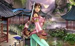  architecture artist_request brown_eyes brown_hair canyon chai_xianghua east_asian_architecture hair_tubes jian_(weapon) lily_pad lips mountain pommel_tassel rooftop sky solo soulcalibur soulcalibur_iii sword wallpaper water weapon 