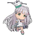  1girl anchor_hair_ornament anchor_necklace arm_up armpits bare_arms bare_legs bare_shoulders blunt_bangs chain dress full_body green_eyes grey_hair hair_ornament hair_ribbon headgear jewelry kantai_collection leg_up long_hair looking_at_viewer low-cut_armhole machinery maestrale_(kancolle) neckerchief necklace no_socks one-take one_side_up propeller ribbon sailor_collar sailor_dress side-tie_dress sleeveless sleeveless_dress smile smokestack solo striped_neckerchief tan tanlines thigh_strap torpedo_tubes turret white_dress white_ribbon 