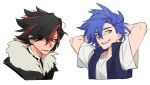  2boys arm_up asymmetrical_bangs black_hair black_jacket blue_hair blue_shirt collared_shirt earrings fur-trimmed_jacket fur_trim green_eyes highres humanization jacket jewelry multicolored_hair multiple_boys multiple_views red_eyes red_hair shadow_the_hedgehog shirt short_hair simple_background sonic_(series) sonic_the_hedgehog teeth two-tone_hair upper_body white_background white_shirt yicuojinan 