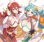  2girls :d absurdres ahoge animal_ears aqua_hair bare_shoulders blush braid breasts chloe_(fire_emblem) chloe_(spring)_(fire_emblem) choker cleavage collarbone commentary_request cordelia_(fire_emblem) cordelia_(spring)_(fire_emblem) cowboy_shot detached_sleeves elbow_gloves fake_animal_ears fake_tail fire_emblem fire_emblem_awakening fire_emblem_engage fire_emblem_heroes flower foot_out_of_frame gloves gonzarez green_eyes green_footwear hair_flower hair_ornament hands_up high_heels highres jewelry large_breasts leotard long_hair looking_at_viewer medium_breasts multiple_girls necklace official_alternate_costume open_mouth orange_choker pantyhose playboy_bunny puffy_short_sleeves puffy_sleeves rabbit_ears rabbit_tail red_eyes red_hair red_leotard red_pantyhose scarf short_sleeves simple_background smile strapless strapless_leotard suspenders tail thighs very_long_hair white_background white_gloves white_pantyhose wrist_cuffs yellow_scarf 
