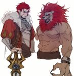 anthro claws clothed clothing felid human lion male mammal mane maplestory pantherine red_eyes red_mane simple_background species_transformation topless transformation von_leon_(maplestory) white_background