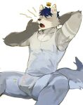 2024 anthro bulge canid clothing detailed_bulge fur genital_outline grey_body grey_fur hair hi_res male mammal open_mouth penis_outline sitting solo tail topwear underwear yawn yuuko891