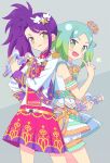  2girls :d blue_hair commentary_request cowboy_shot epaulettes fang gradient_hair green_eyes green_hair grey_background hand_on_own_hip hand_up holding holding_microphone idol_clothes idol_time_pripara jacket ku_(residual666) long_hair long_sleeves looking_at_viewer microphone multicolored_hair multiple_girls nijiiro_nino open_mouth pleated_skirt pretty_series pripara purple_hair sash shirt short_hair shoulder_sash side_ponytail simple_background skirt smile standing star_(symbol) toudou_shion v white_jacket yellow_eyes 