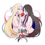  2girls apple black_hair blonde_hair bright_pupils censored colored_sclera eve_(hazbin_hotel) food fruit hazbin_hotel highres holding holding_food holding_fruit lilith_(hazbin_hotel) long_hair mary_(14476764) multiple_girls nude purple_eyes red_sclera very_long_hair white_pupils yellow_eyes yellow_sclera 