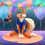 amber_eyes anthro balloon birthday blue_clothing blue_hair blue_shirt blue_topwear canid canine canis clothing confetti floor hair hi_res inflatable male mammal netiscraft open_mouth paws shirt sign sitting solo tail teeth tongue topwear wolf