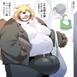 absurd_res anthro balls belly belt big_balls brown_body brown_fur bulge canid canine detailed_bulge eyewear fur genitals glasses hi_res huge_balls japanese_text male mammal mature_male moobs nipples_outline office_clothing overweight raccoon_dog takotyutyu tanuki text