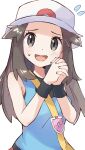  1girl :d bare_shoulders black_wristband blue_shirt blush brown_eyes brown_hair flying_sweatdrops hat highres interlocked_fingers leaf_(pokemon) long_hair looking_at_viewer open_mouth own_hands_clasped own_hands_together pokemon pokemon_frlg sarada_(supersarada_zin) shirt sleeveless sleeveless_shirt smile solo sweatdrop upper_body white_background white_headwear wristband 