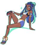  1girl absurdres aqua_hair bare_shoulders black_hair blue_eyes closed_mouth commentary crop_top dark-skinned_female dark_skin eyelashes full_body gradient_hair highres holding holding_poke_ball invisible_chair kaatokun long_hair multicolored_hair navel nessa_(pokemon) poke_ball poke_ball_(basic) pokemon pokemon_swsh simple_background sitting solo sparkle streaked_hair toes two-tone_hair white_background 