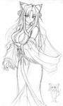  animal_ears artist_request copyright_request fang fox_ears fox_tail greyscale japanese_clothes kimono long_hair monochrome multiple_girls smile tail yukata 