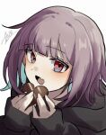  1girl black_jacket blush candy chocolate danganronpa_(series) danganronpa_2:_goodbye_despair fang food heart heart-shaped_chocolate highres holding holding_chocolate holding_food hood hood_down hooded_jacket jacket long_sleeves nanami_chiaki open_clothes open_jacket portrait red_eyes signature simple_background skin_fang solo te_iruna white_background 