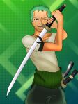 1boy full_body green_hair highres holding holding_sword holding_weapon ibispaint_(medium) katana looking_at_viewer male_focus multiple_swords muscular muscular_male one_piece one_piece_treasure_cruise pirate roronoa_zoro scar scar_on_face short_hair simple_background solo sword weapon 