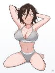  1girl arms_behind_head asai_akira bra breasts brown_hair calvin_klein fukuya_art grey_bra grey_panties hair_between_eyes highres kneeling navel orange_eyes panties simple_background solo underwear white_background yofukashi_no_uta 