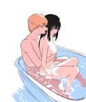  1boy 1girl bath bathing bathtub black_hair blonde_hair blue_eyes breasts chainsaw_man couple denji_(chainsaw_man) drawfag highres hug licking mitaka_asa nipples red_eyes sex sex_from_behind shared_bathing 