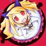  artist_request blonde_hair cosplay disgaea dress fang flonne from_above horns long_hair lowres nippon_ichi phantom_kingdom pram pram_(cosplay) red_eyes smile solo 