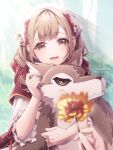  1girl artist_name azusawa_kohane blurry blurry_foreground blush brown_eyes brown_hair cloak commentary_request flower flower_request forest head_scarf highres hinata_mizuiro holding holding_stuffed_toy hood hooded_cloak light_rays looking_at_viewer nature open_mouth project_sekai red_lips short_hair smile solo_focus stuffed_toy stuffed_wolf sunbeam sunlight tree upper_body yellow_flower 