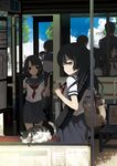  bag black_hair blue_eyes cat cloud day kusano_houki looking_back multiple_girls non-web_source school_uniform serafuku short_hair sky 