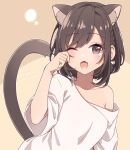  1girl animal_ear_fluff animal_ears artist_name blush brown_eyes brown_hair cat_ears cat_tail commentary_request hinata_mizuiro kemonomimi_mode looking_at_viewer off_shoulder open_mouth project_sekai rubbing_eyes shinonome_ena shirt short_hair solo t-shirt tail tearing_up white_shirt yawning 