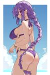  1girl absurdres ass back bare_shoulders bikini blue_sky blush braid breasts ebora highres large_breasts long_hair looking_at_viewer looking_back melty_blood o-ring purple_bikini purple_eyes purple_hair sidelocks single_braid sion_eltnam_atlasia sky solo swimsuit thighs tsukihime 