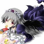  brand_name_imitation chip_star chips dress eating food frills hairband kunkun long_hair mouth_hold potato_chips purple_eyes rozen_maiden sattsu silver_hair solo suigintou wings 