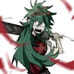  1other androgynous brown_headband fangs green_hair headband holding holding_weapon len&#039;en long_hair open_mouth other_focus pointy_ears reactivate_majestical_imperial red_eyes taira_no_fumikado very_long_hair weapon yang_gu 