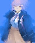  1girl black_shirt blue_background brown_skirt collared_shirt danganronpa_(series) danganronpa_2:_goodbye_despair flipped_hair hood hood_down hooded_jacket jacket medium_hair nanami_chiaki neck_ribbon open_clothes open_jacket pink_eyes pink_ribbon pleated_skirt ribbon shirt shirt_tucked_in simple_background skirt smile solo spaceship_hair_ornament two-tone_shirt white_shirt yuki_(nobu_oisii5) 