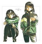  1boy \m/ androgynous black_hair black_pants closed_mouth commentary_request cropped_legs feet_out_of_frame green_eyes green_jacket hand_in_pocket hand_up highres jacket knees_up long_hair looking_at_viewer male_focus original pants sabyap sitting solo 