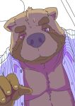 2024 anthro black_nose blush brown_body brown_fur canid canine clothed clothing fur humanoid_hands kemono male mammal misterdonn open_clothing open_shirt open_topwear raccoon_dog shirt slightly_chubby solo tanuki topwear