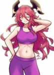 1girl alternate_costume arm_behind_head artist_name breasts dragalia_lost dragon_girl dragon_horns hand_on_own_hip highres horns long_hair looking_at_viewer medium_breasts my700 navel one_eye_closed red_eyes rotomdocs smile solo sportswear white_background 