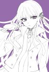  1girl braid collared_shirt danganronpa:_trigger_happy_havoc danganronpa_(series) gloves greyscale_with_colored_background hand_up highres jacket kirigiri_kyoko long_hair necktie open_clothes open_jacket pink_eyes shimotsuki_niko shirt solo spot_color upper_body 